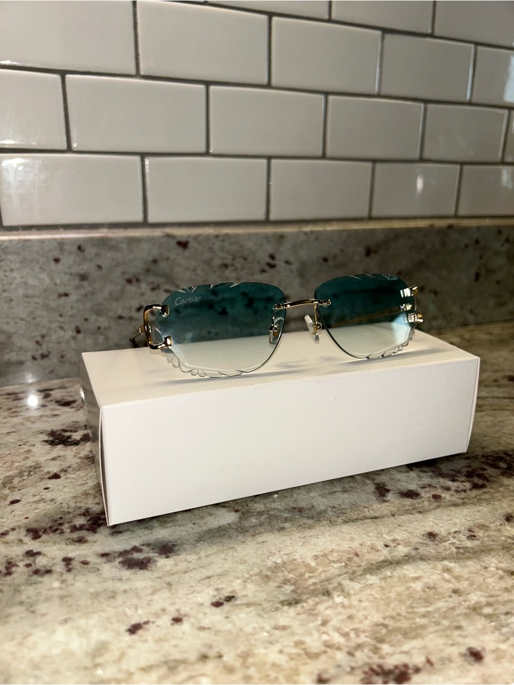 Gold-Trim Green Gradient Rimless Sunglasses